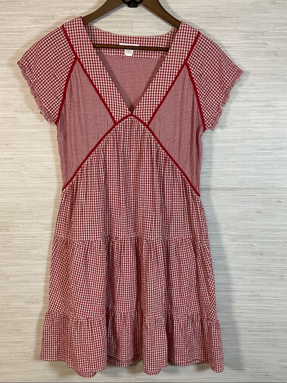 Anthropologie Intropia Red White Gingham V-Neck Tiered Pieced Summer Dress 40